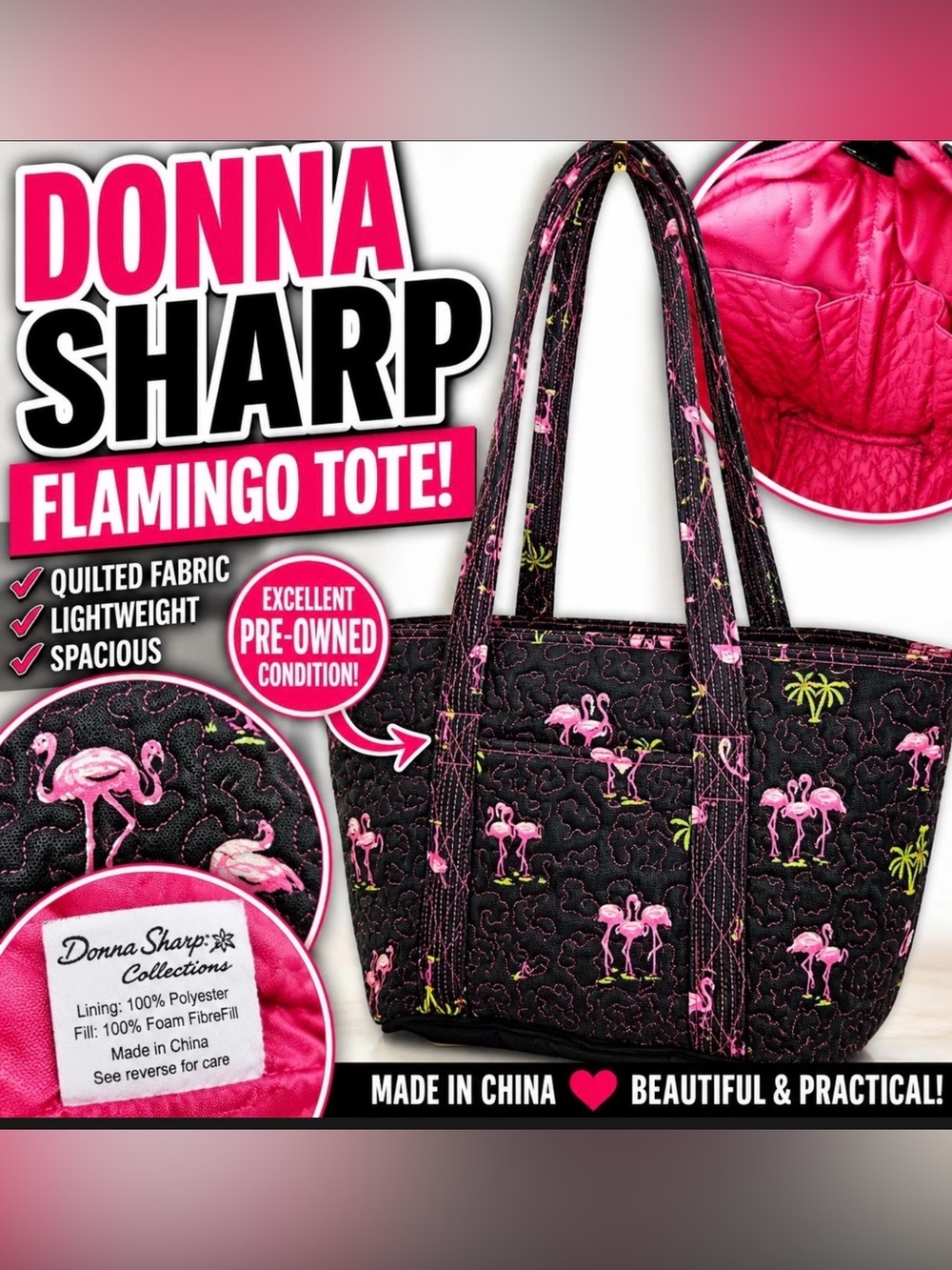 Donna Sharp Quilted Flamingo Tote in Black and Pink